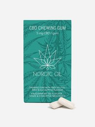 CBD chewing gum, green packaging with cannabis leaf design, supplement category.