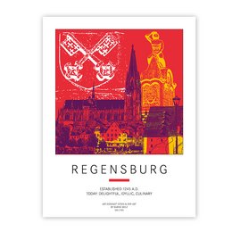 Vibrant poster featuring the iconic landmarks of Regensburg, Germany, including the Cathedral and Old Stone Bridge. The design showcases the city's rich history and architectural beauty in a bold, colorful style.