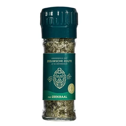 A salt grinder filled with a blend of sea salt and sea greens, perfect for seasoning dishes with a touch of coastal flavor.