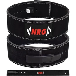 Black leather fitness belt with NRG logo. Adjustable size for S, M, L, XL. Designed for weight lifting and powerlifting exercises.