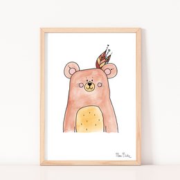 'Whimsical and colorful kids room poster featuring a cute bear character with a feathered headdress. The poster has a warm, playful style that would be a great addition to a nursery or child's bedroom.'

The image shows a whimsical and colorful kids room poster featuring a cute bear character with a feathered headdress. The bear has a warm, playful expression and the overall style of the poster is very inviting and suitable for a nursery or child's bedroom. The poster would be a great addition to a kids room decor.