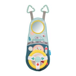 Colorful car wheel toy with mirror and lights for babies. Features a playful koala design and various shapes and textures for sensory stimulation.