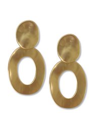  Elegant gold-colored statement earrings with a large oval shape and a smaller oval accent.