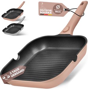 Grillpfanne 28 cm, Antihaftbeschichtung, abnehmbare Griffe, Induktion, backofenfest (rosa)