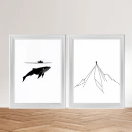 Black whale and mountain silhouette minimalist poster set, A4 size, line art style