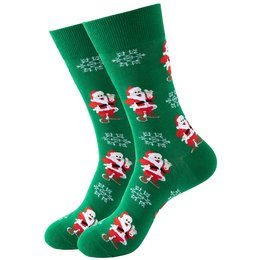 Green socks with Santa Claus and snowflake patterns, suitable for Christmas or holiday wear.