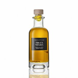Olive oil infused with black truffle, 250ml bottle with glass container and cork lid.