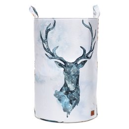 A large, round toy basket with a welt design, featuring a detailed illustration of a deer head with antlers in shades of blue and gray.