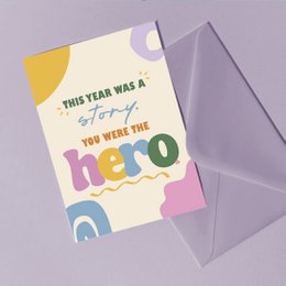  "Colorful thank you card with 'hero' text, rainbow design, cream background, teacher appreciation message"