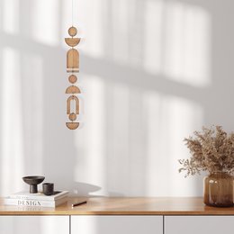 Wooden decorative statue with abstract shapes, natural materials, minimalist design.