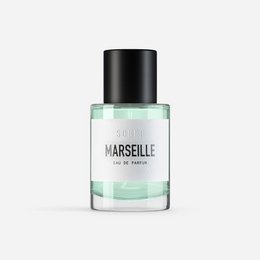 Eau de parfum with a fresh, citrus scent inspired by the city of Marseille. Packaged in a sleek, black bottle with a minimalist design.
