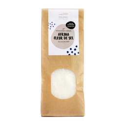 A 200 gram package of Fleur de Sel - AFRINA, a premium sea salt product. The package features a simple, minimalist design with a white label and black polka dot accents.