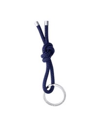 Navy blue keyring with a knotted design and a metal ring.