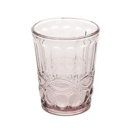 Set of 6 vintage-style rose-colored tumblers, each with a capacity of 23 cl. The tumblers feature a decorative pattern and are suitable for water or other beverages.