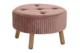 A round, tufted velvet footrest in a dusty rose color, with wooden legs. The footrest measures 61 x 61 x 38 cm.