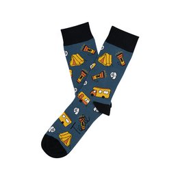Camping-themed socks in navy blue with colorful icons depicting camping gear and equipment such as tents, lanterns, and hiking boots.