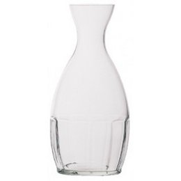 Clear glass carafe with a unique hourglass shape.