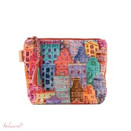 Colorful patchwork toiletry pouch with vibrant house patterns, multicolor fabric design, home sweet home theme.