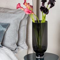 Sober modern tall glass vase, cylindrical shape on a solid base, dark grey, OMAHA18GR