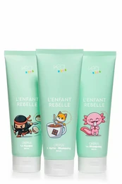 A kids grooming kit featuring a routine for papering frizzy hair. The product includes colorful cartoon characters and comes in a set of 3 tubes.