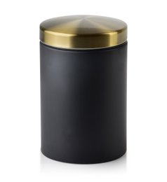 Black cylindrical food storage container with gold-colored lid, 800ml capacity, dimensions 9.5cm diameter x 14.5cm height.