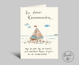 Kommunionskarte | Segelboot und Spruch | Klappkarte zur Kommunion mit Umschlag