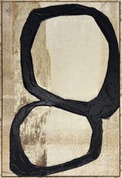  Abstract black geometric shapes on beige textured background, modern minimalist art print, neutral tones.