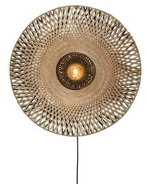 Bamboo wall lamp with round, woven design and central light fixture.