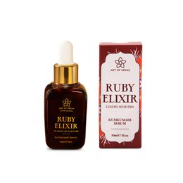 Ruby Elixir - Kumkumadi Serum, a face serum with a dark amber color and a glass dropper bottle design.