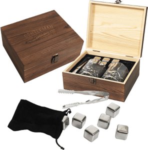 Luxus -Whisky -Geschenkset - 21 x 9 x 18 cm - das ultimative Geschenkset für den echten Whisky -Enthusiasten - Whisky Stones, Glas und Tang - Holz Geschenkbox - Brown