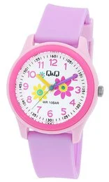Pink children's watch with colorful flowers design, silicone strap, round dial, water resistant kids timepiece.