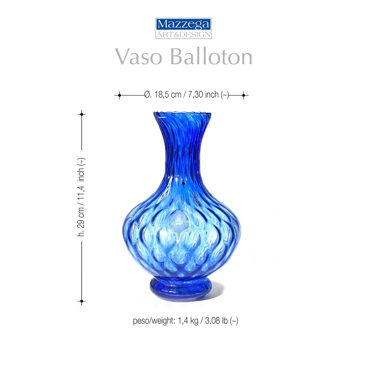 1 Vaso in Vetro Soffiato stile "AVVENTURINA" Lavorato a Mano con Murrine di Murano, linea “I Colori di Murano” h. 29 cm. Made in Italy
