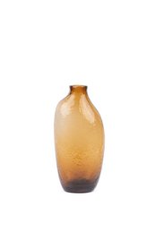 A tall, round glass vase in a warm amber color with a textured, pebbled surface.