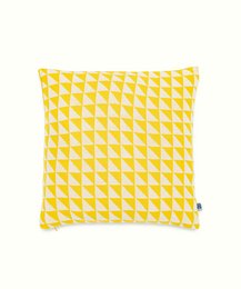 Cushion cover with a geometric yellow and white triangle pattern, suitable for living room or bedroom decor.
