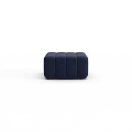 Dark blue, rectangular ottoman with a tufted design, suitable for use as a footstool or extra seating.