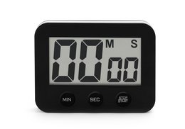 Digital kitchen timer in black color with large LCD display showing time in minutes and seconds.