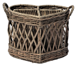 Woven wicker utensil holder with a heart-shaped design, featuring 4 compartments for storing various kitchen tools and accessories.