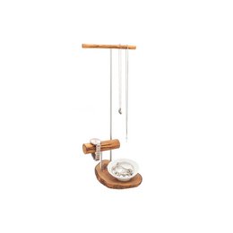 Wooden jewelry stand with porcelain bowl for storing odds and ends. Features a minimalist, modern design with a natural wood finish.