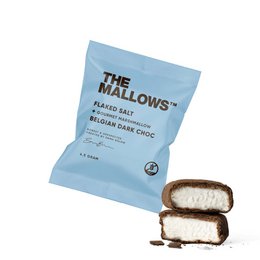 Organic marshmallows with dark chocolate and Maldon sea salt, packaged in a 5g bag.