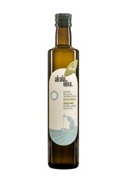 Organic extra virgin olive oil in a 500ml bottle. Amber-colored liquid with a label featuring a wave design.