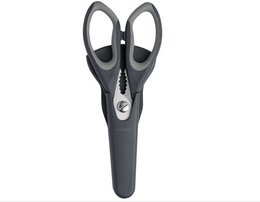 A pair of black and gray scissors with ergonomic handles, suitable for cutting and trimming various materials.