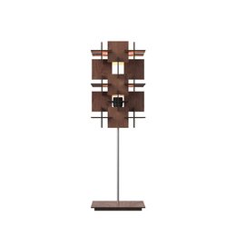 Dark wood table lamp with geometric shapes and patterns. Rectangular and square wooden panels in a modern, minimalist design. Suitable for living rooms, bedrooms, and office spaces.