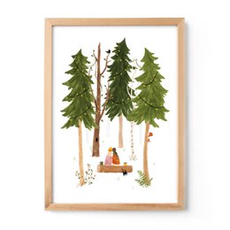 A4 poster featuring tall, green pine trees in a forest setting with a small cabin or house in the background. The poster has a nature-inspired, rustic aesthetic.