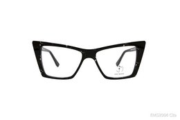 Black rectangular eyeglasses with angular frames and clear lenses.