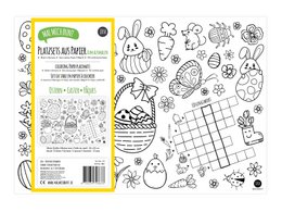 12 paper placemats with Easter-themed coloring designs, including bunnies, eggs, flowers, and other spring motifs.