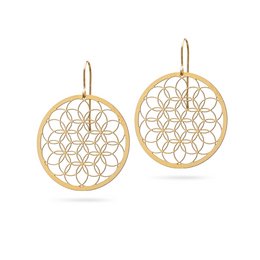 Elegant bronze and rose gold earrings featuring a geometric flower of life design. The intricate pattern creates a statement piece that can be worn for any occasion.