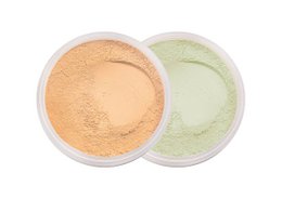 Mineral color correcting makeup powder in yellow and green velvet shades, vegan and clean formula.