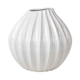 Ivory white wide XL vase, round bulbous shape, ribbed textured ceramic, modern minimalist design.