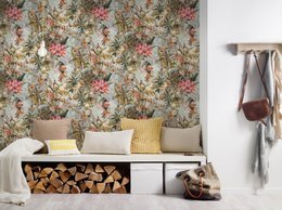  Green maximalistic floral non-woven wallpaper with pink flowers, botanical pattern, vintage style wall covering.