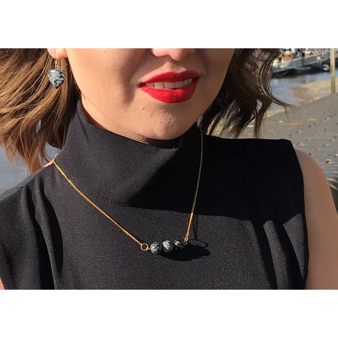 Sneeuwvlok Obsidiaan Geelgoud Vermeil Ketting, Sneeuwvlok Obsidiaan Bar Ketting, Edelsteen Bar Ketting, Hanger Ketting | door nlanlaVictory